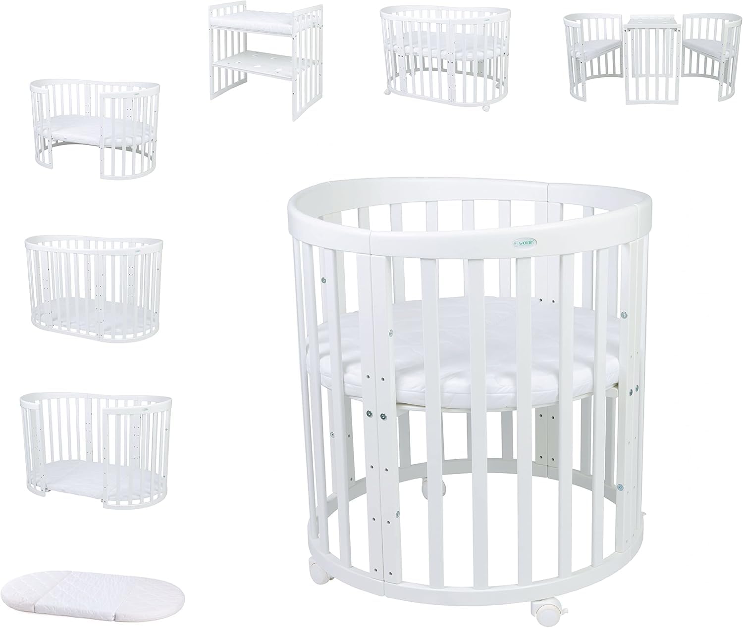 Waldin Oval Baby-Bett Mitwachsend Komplett Set 7in1, Gitterbett, Wickelkommode, Beistellbett, Holz Weiß