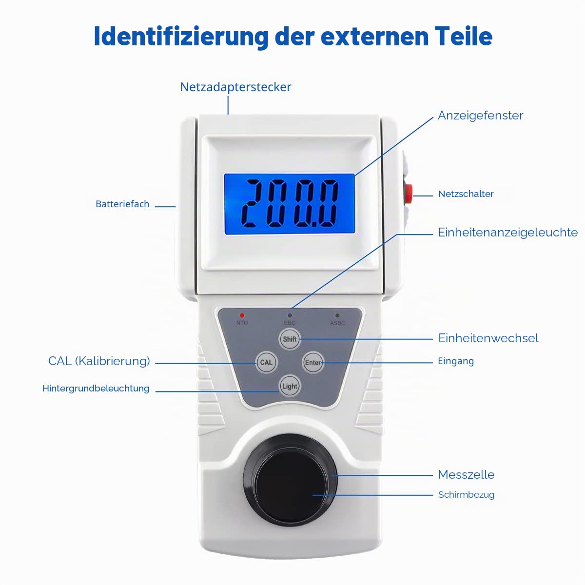Tragbares Trübungsmessgerät Turbidimeter für Trübung von Flüssigkeiten Messbereich 0-200NTU (Inklusive Standard-Formazin-Lösung)