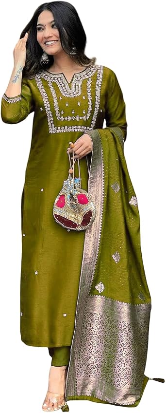 Womens Partywear Anarkali Salwar Suit alia cut Embridery Kurti dress 3pc Set