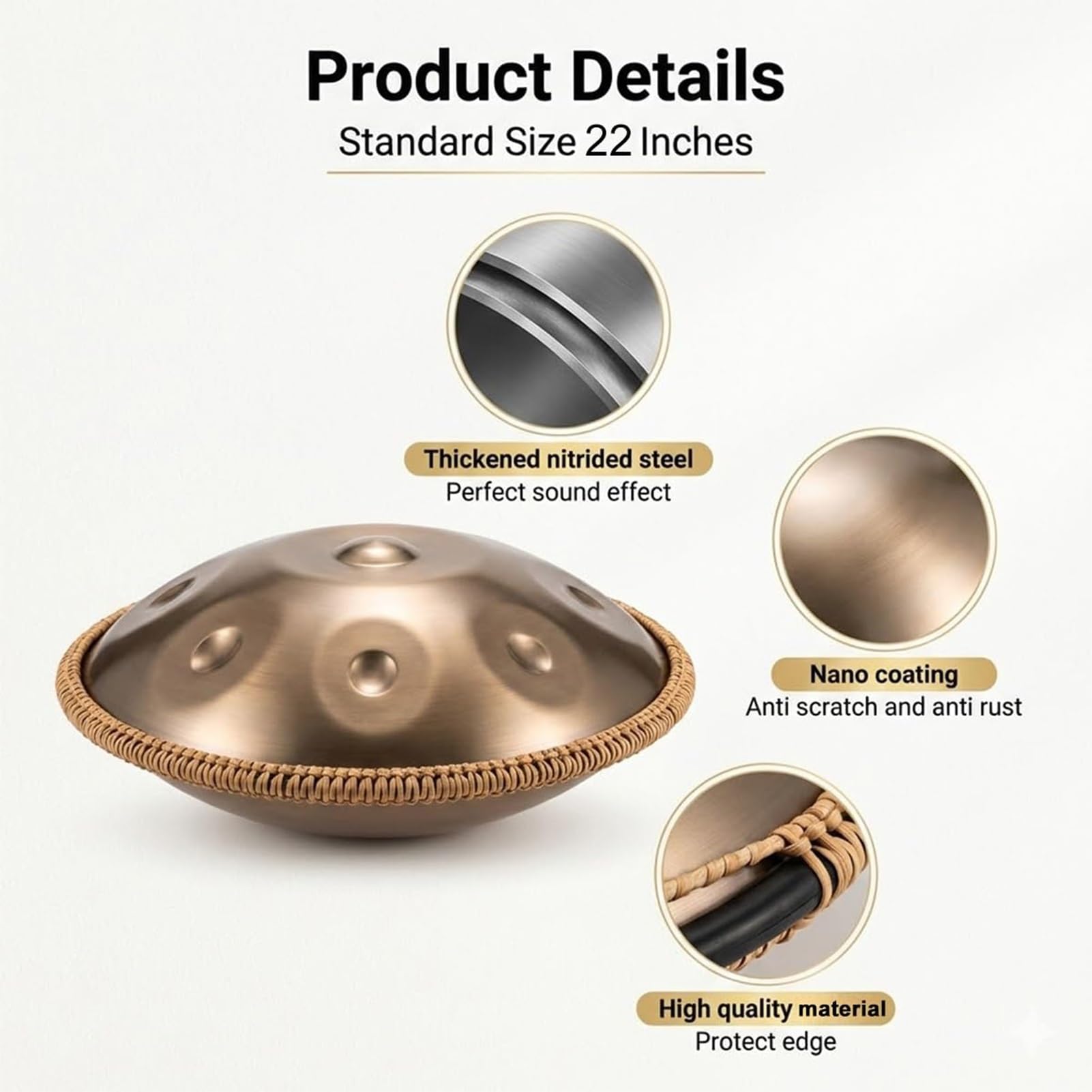 Strumento A Tamburo Handpan 432Hz/440Hz, Tamburo In Acciaio Handpan Da 22 Pollici In Re Minore– Handpan Per Adulti, Set Di Strumenti A Percussione Per La Meditazione(F,440HZ/9Note)