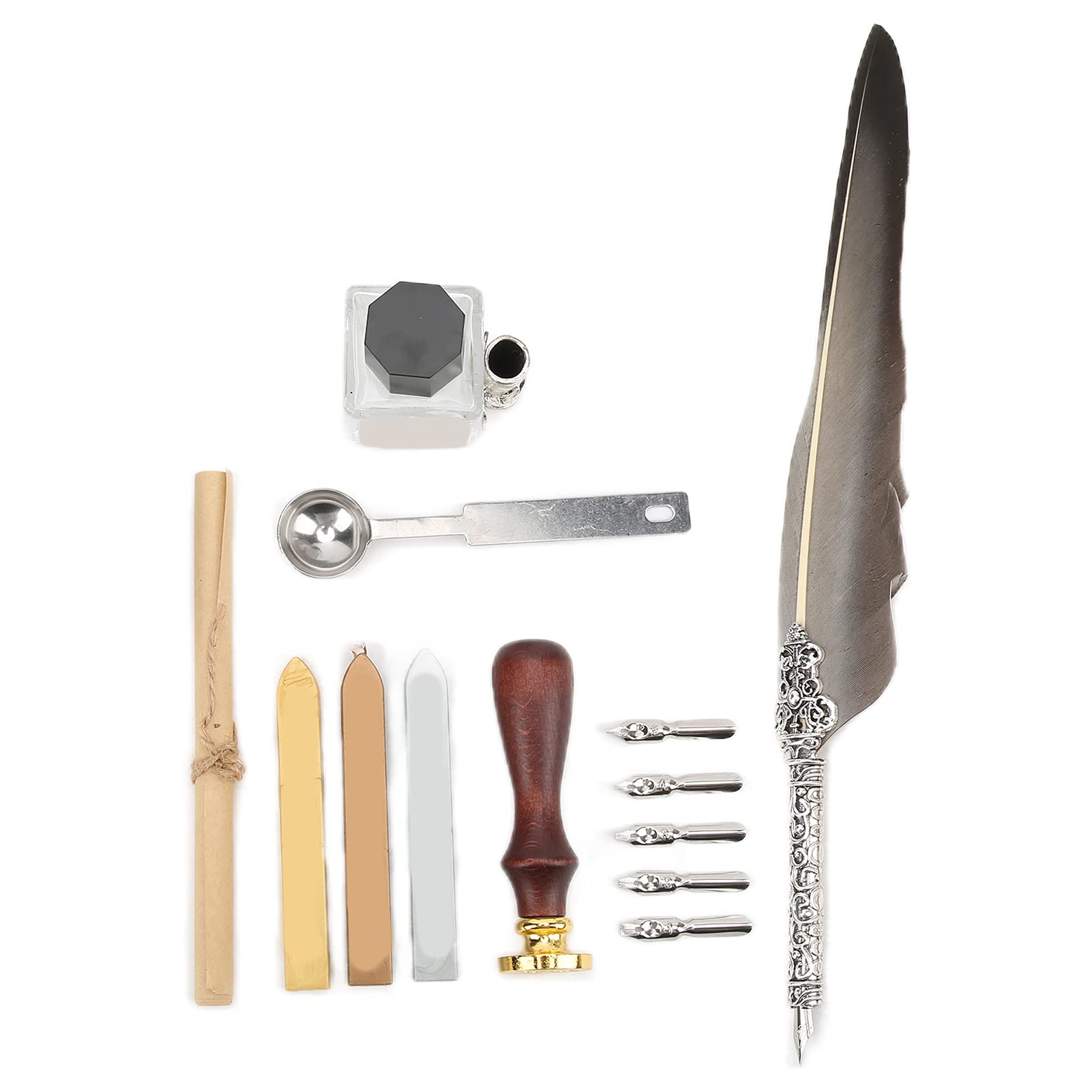 Ensemble de stylos de calligraphie avec plume en acier inoxydable et support en alliage sculpté rétro, et stylo plume en métal pour l'écriture, le dessin (SFDPS038031 Plume grise pointue)