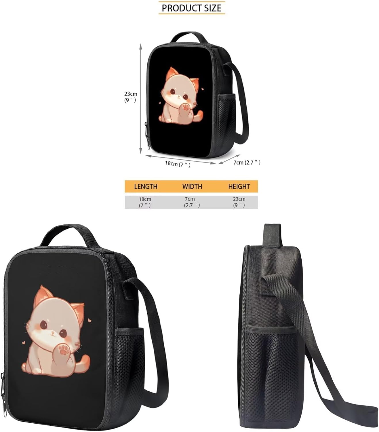 Showudesigns Cat Backpack and Lunch Box Set Black School Bags for Girls Boys 5-8 7-10 Elementary Bookbag Back Pack Insulated Lunch Bag Pencil Case Middle Schoolbag Bagpack for Kids Teens