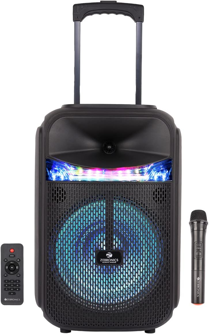 JOLT 50 Watts Trolley DJ Speaker with Powerful 12" Driver, TWS, Karaoke, Wireless Mic, 7.5 Hour Backup, LED Light, Bluetooth v5.0, Built-in Battery, USB, Display, Handle and Wheels