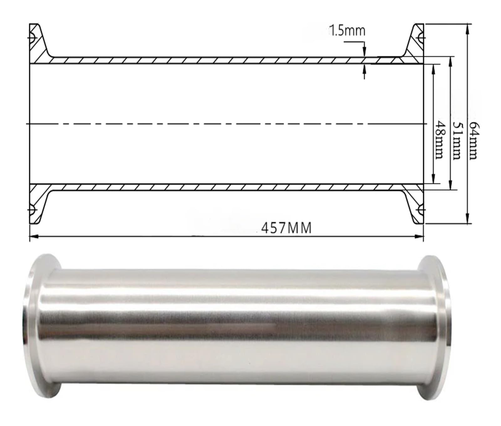 6" 8" 10" 12" 18" Length x 25 32 38 51mm 1.5" 2" Tri Clamp Spool Tube SUS304 316L Stainless Pipe Fitting(51 457 K64,304)