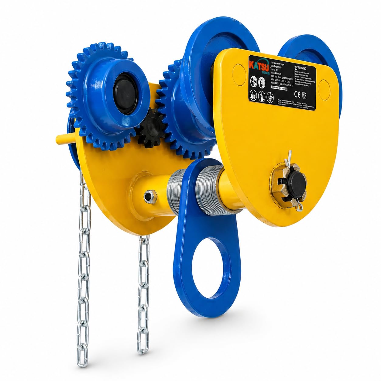 KATSU Tools Heavy Duty 1 Ton Overhead Geared Beam Trolley Hoist Lifting Tackle with Chain, Adjustable Width Lifting Tackle for Garage Workshop Warehouse, Model 181971