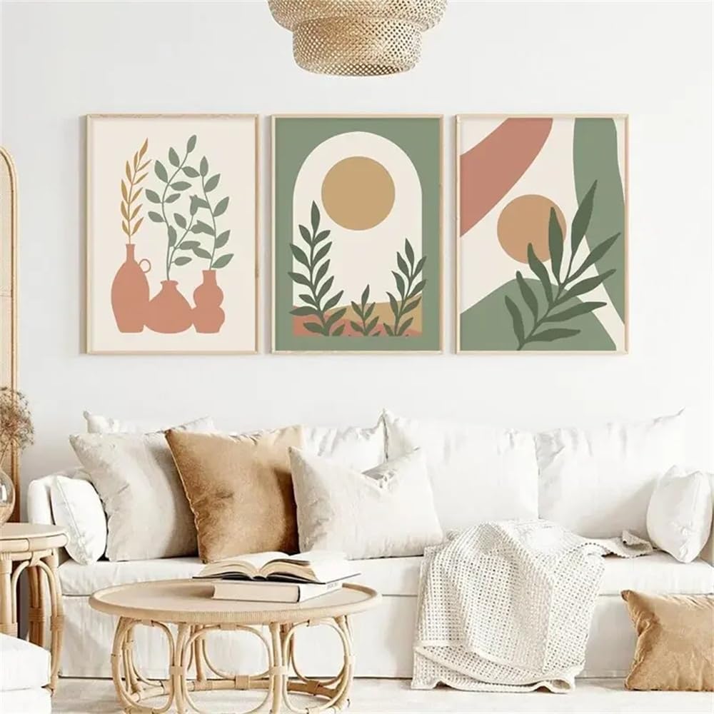 WUHBCZ Wall Posters-Abstract Boho Sun Leaves Canvas Painting Landscape Posters Geometric Lines Plant Wall Art Pictures For Living Room Office Home Decor-40 * 50cm/3PCS (No Frame)