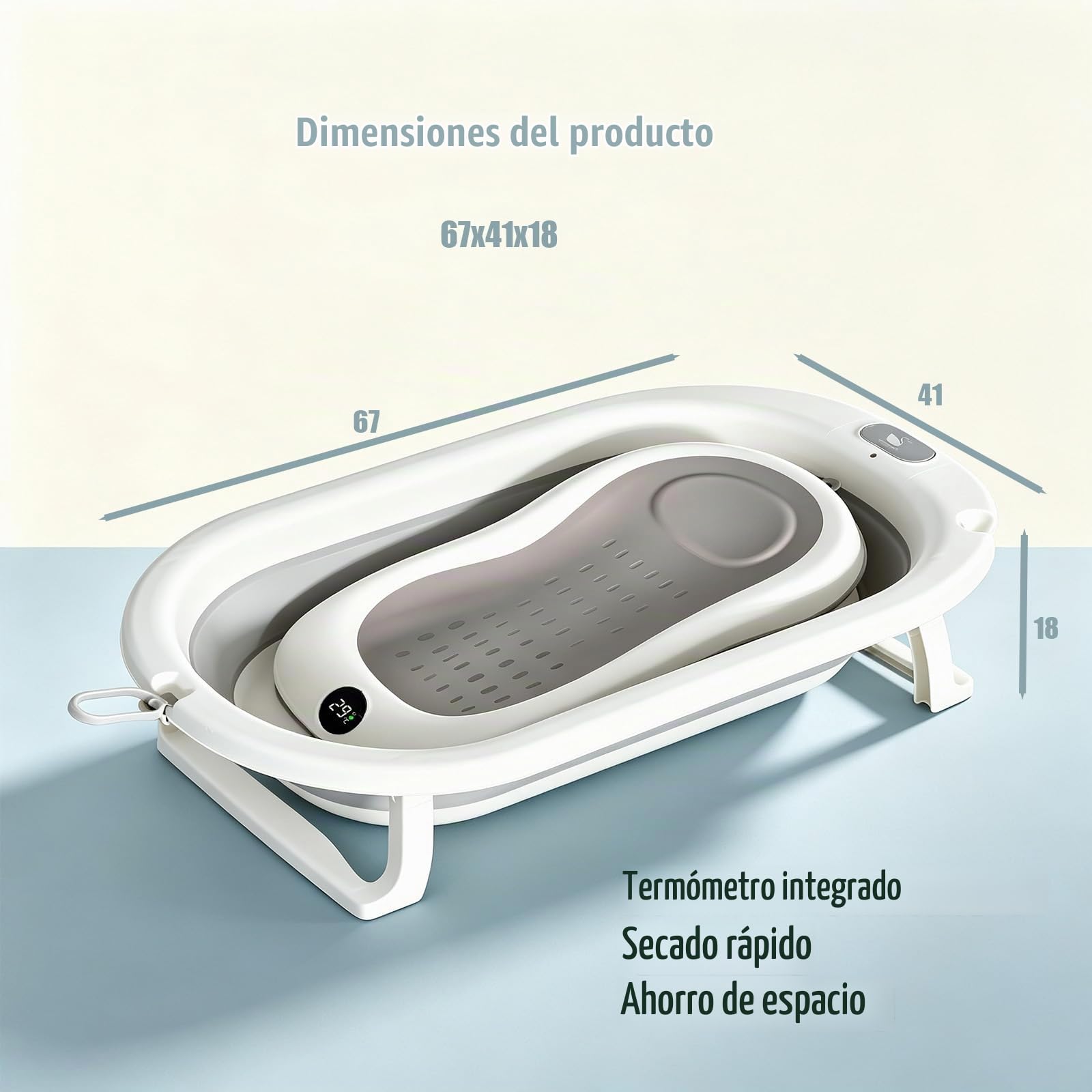 Bañera plegable para bebé, termómetro impermeable integrado, estructura reforzada estable sin tambalearse, gran drenaje rápido, soporte aislado en el suelo, forma redonda ergonómica