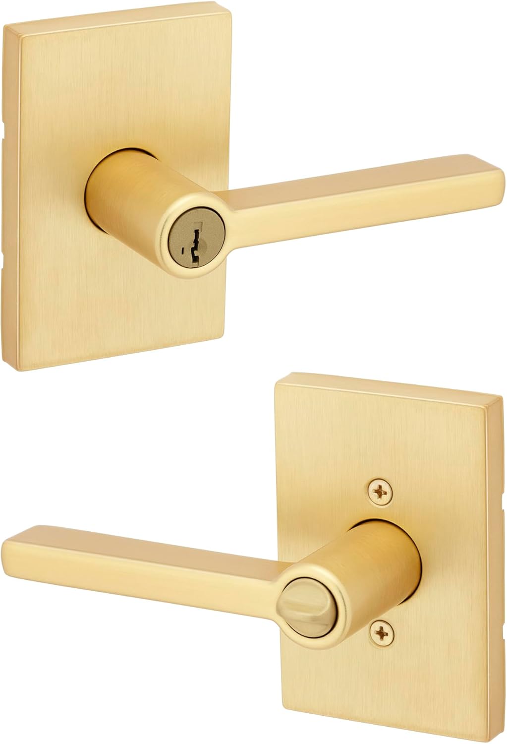 Kwikset Halifax Entry Door Handle with Lock and Key, Secure Keyed Reversible Lever Exterior, Rectangle Front Entrance and Bedrooms, Satin Brass, Pick Resistant Smartkey Rekey Security and Microban