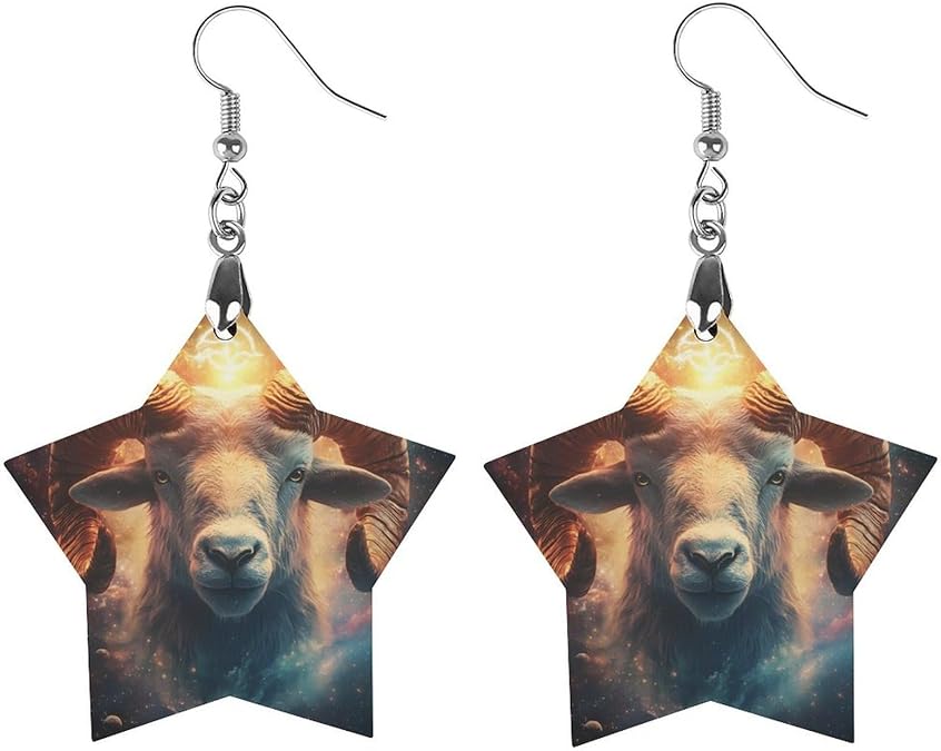 Aries-Zodiac Sign Cute Star Earrings for Women Lightweight Wooden Hoop Dangle Earring Trendy Jewelry