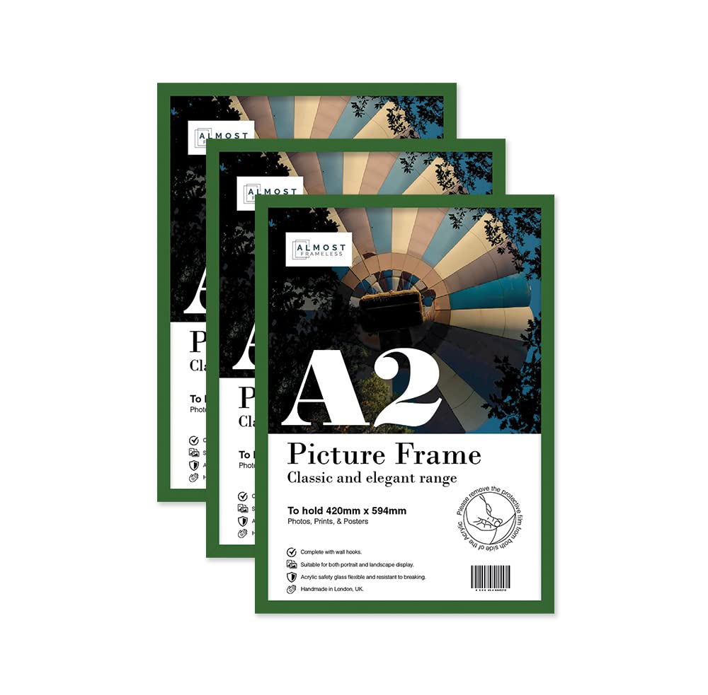 Almost Frameless Green A2 Picture Frame Set Of 3, Display A2 Picture Gallery Wall, Poster, Photo, Artwork, Or Print,