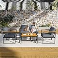 Pamapic 4 Pieces Outdoor Patio Furniture Set, Easy to Clean Metal Balcony Furniture with Plastic-Wood Coffee Table, All-Weather Patio Conversation Sets with Thick Cushion for Balcony, Porch, Gray