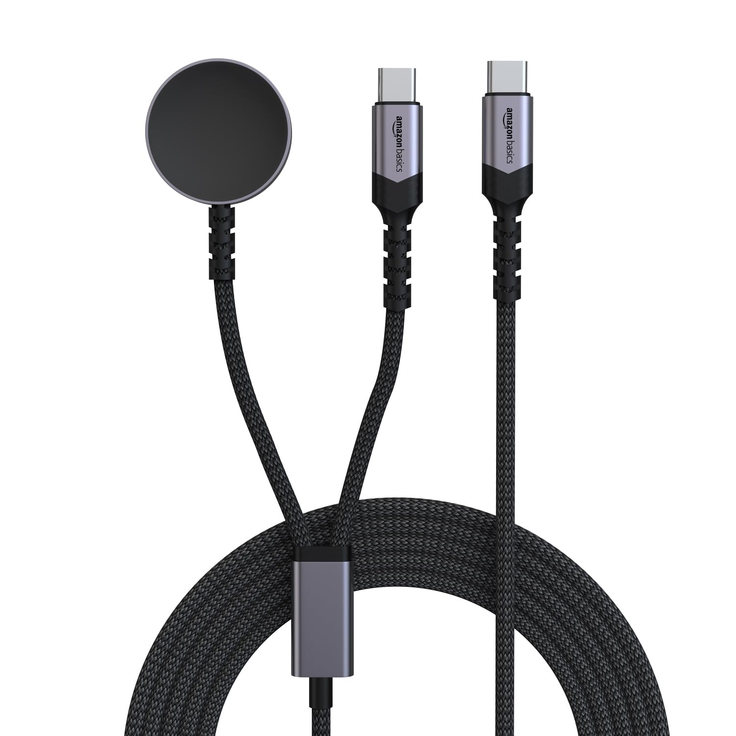 amazon basics 2in1 USB C to Type C 27W Cable 3A Fast Charging Cord With Smart Watch Charger, 480 Mbps Data Sync, Nylon Braided, For Apple Watch, iPhone 15, SmartPhones and USB C Devices - 1.25 Meter