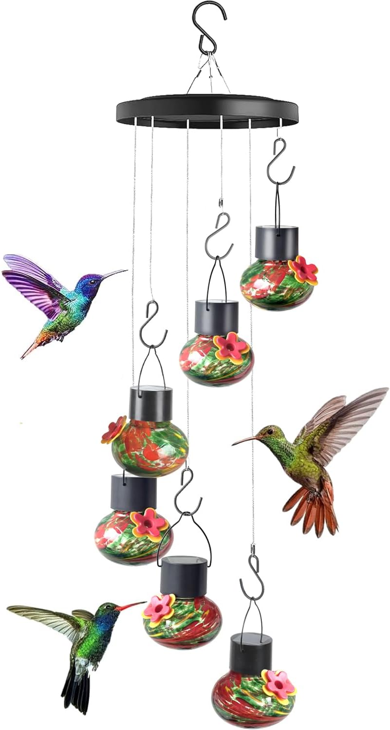 Solar Wind Chimes Hummingbird Feeder for Outdooors, Blue Hand-Blown Glass Bird Feeders with Leak-Proof Design, Ant & Bee Resistant, Perfect Garden Patio Decor (Red and Green)