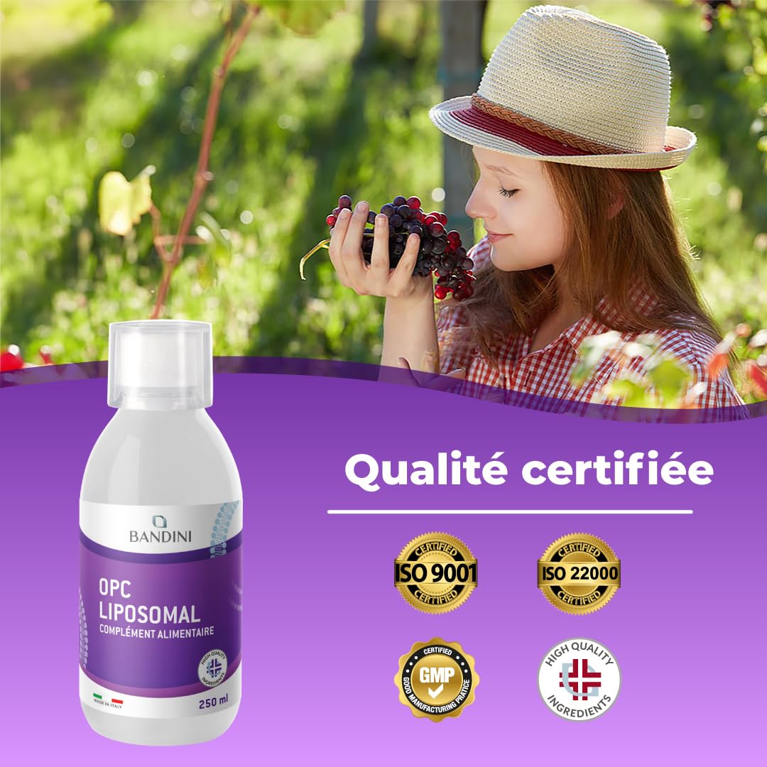Bandini® OPC Liposomal Liquide 250ml - Extrait de pépins de raisin 95% OPC (200mg par dose) - Absorption optimale avec technologie liposomale - Supplément antioxydant naturel puissant - Pour 25 jours