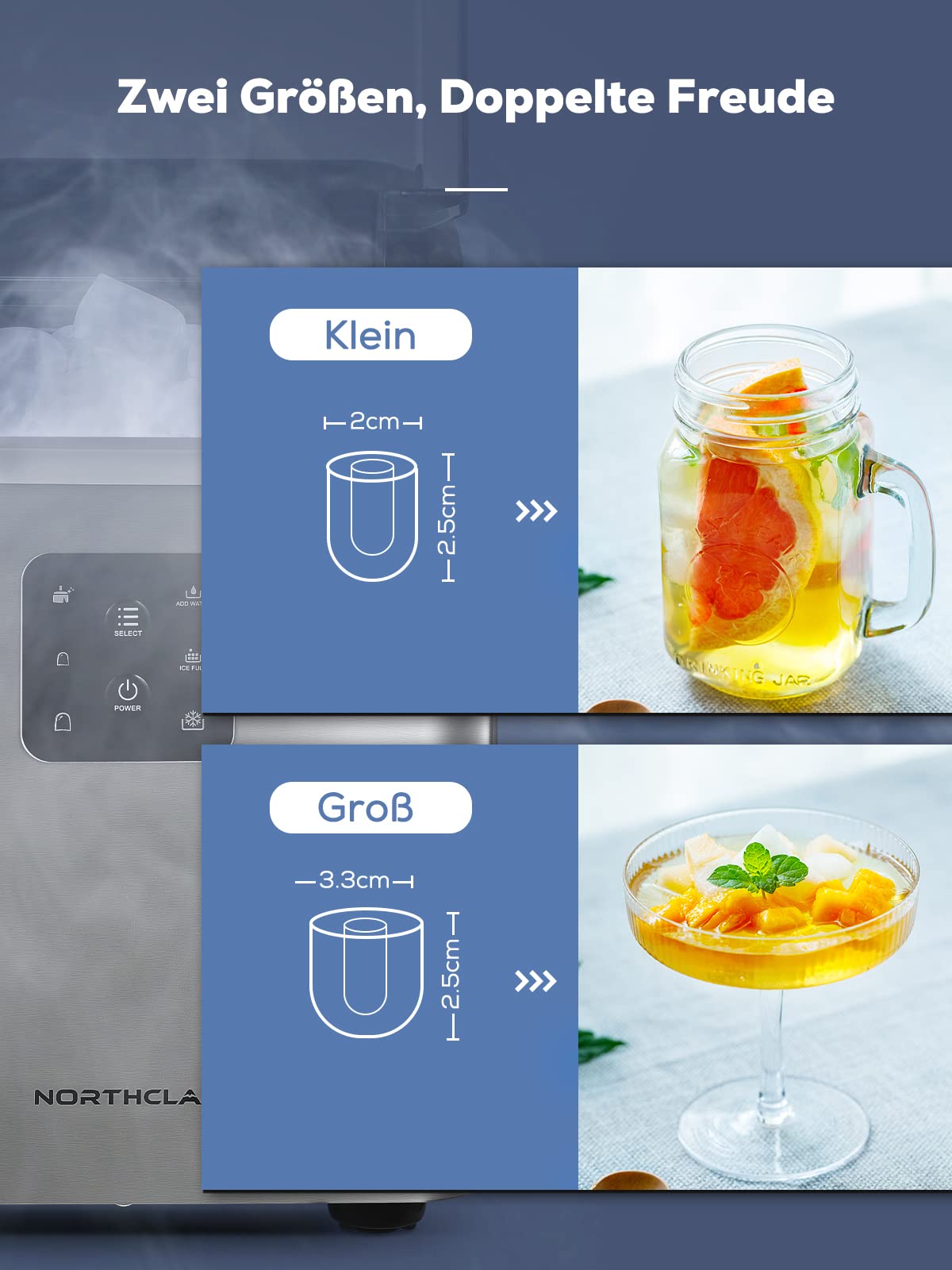 Edelstahl Eiswürfelmaschine mit 2 Eiswürfelgrößen, 14 kg 24 St, Selbstreinigung, 9 Eiswürfel in 6 Minuten, LED-Anzeige, 2L Wassertank, Ice Maker mit Eisschaufel u. Korb, NORTHCLAN Eiswürfelbereiter