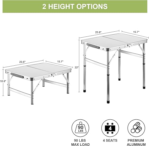 JOFTIX Mesa plegable escritorio pequeño de aluminio de 2 pies con escritorio de MDF pies antideslizantes altura ajustable ligera y portátil para