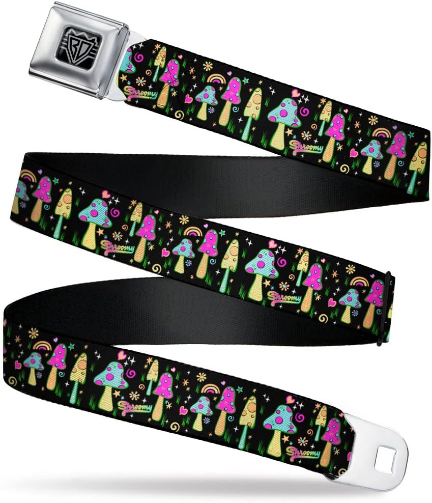 Buckle-Down Belt, Seatbelt Buckle Belt, Mushroom Shroomy Garden Black Multi Color, Adjustable