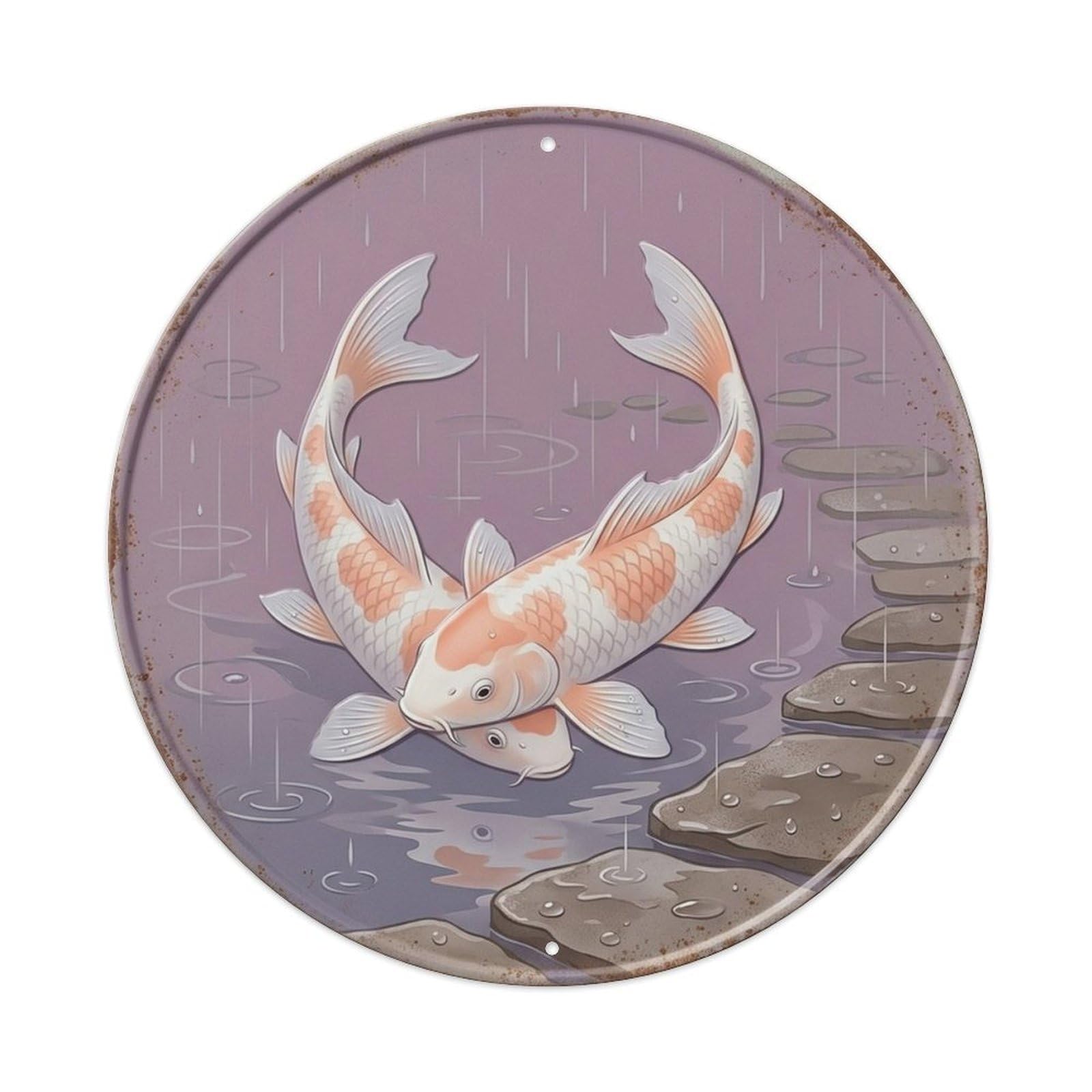 Oriental Koi Fish Plum Rain Garden Japanese Asian Water Metal Tin Sign Plaque Wall Decor for Cafe, Man Cave, Club Bar, Office, Home Garden Round Metal Poster 8x8Inch