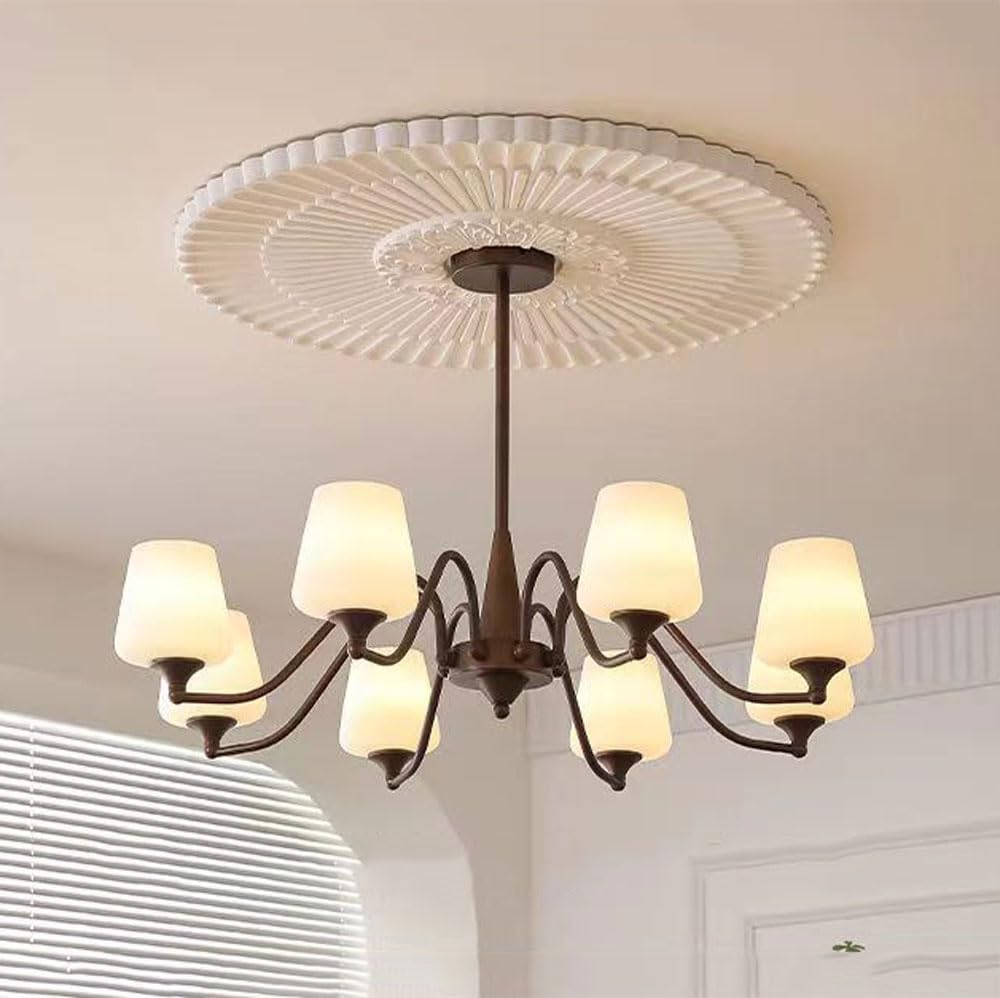 Grand pendentif vintage QTHWB lustre bronze 8 verres dépolis salon