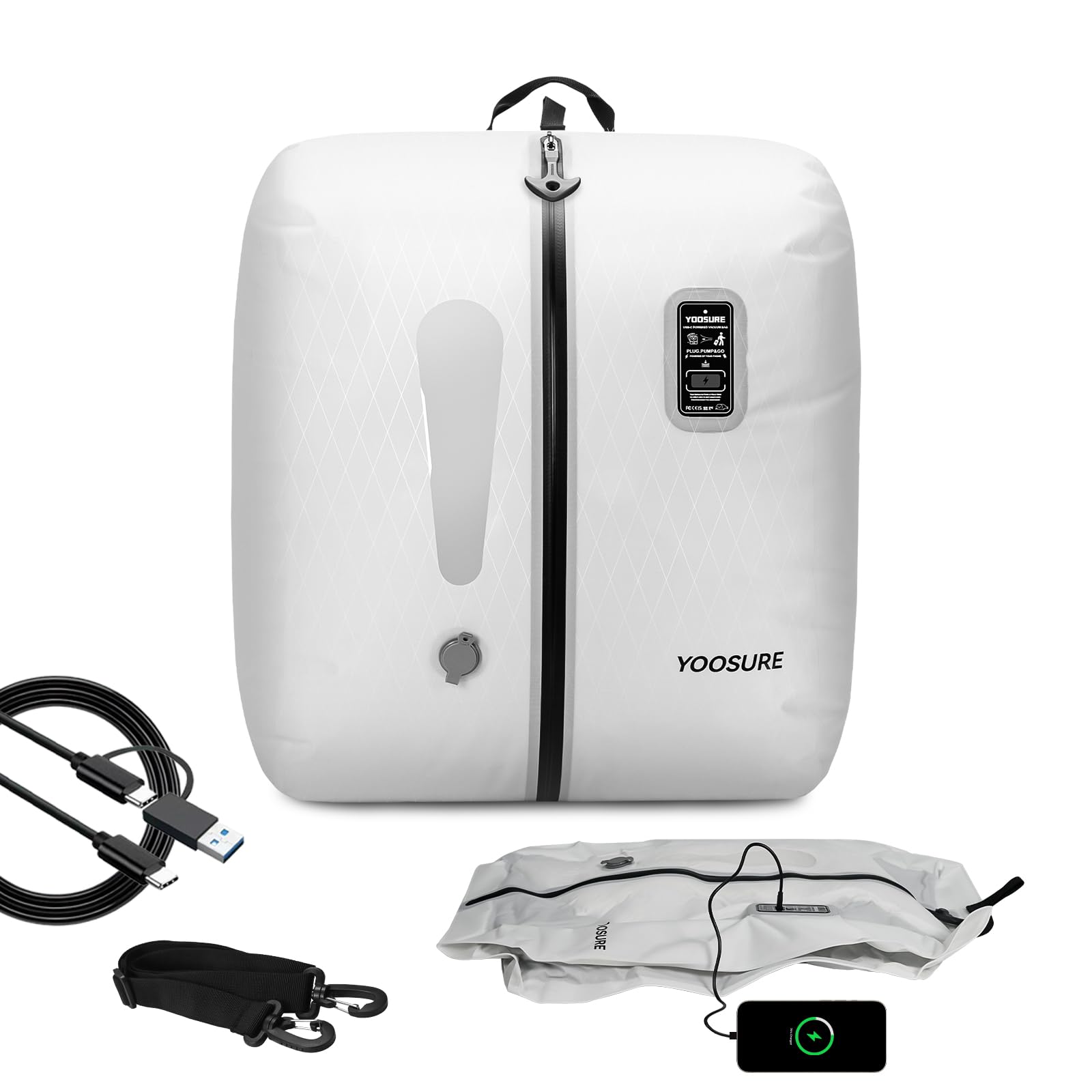 50L Vakuum-Reisetasche mit eingebauter USB-C-Pumpe, 100% batteriefreier Kompressionsbeutel für Reisen, Typ-C-platzsparender Packwürfel, universelle Passform für Koffer & Handgepäck