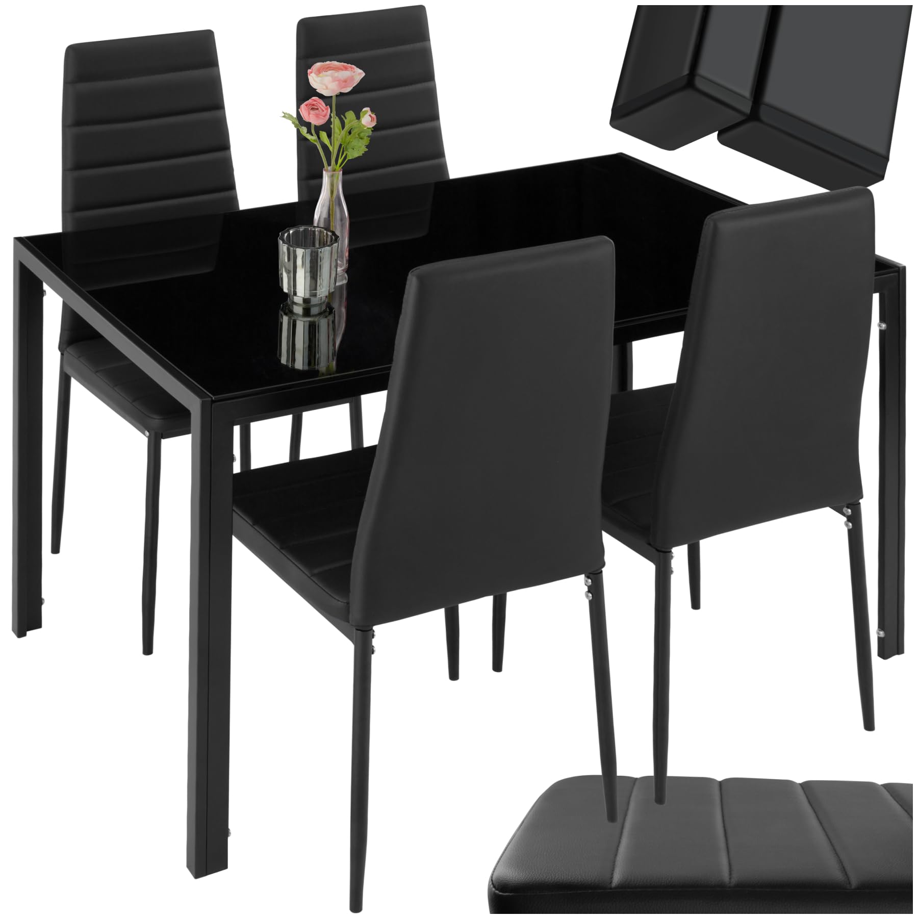 tectake Ensemble Table Salle à Manger avec 4 Chaises Design, Chaise Confortable en Cuir synthtétique, Table rectangulaire Robuste avec Plateau en Verre trempé - Noir