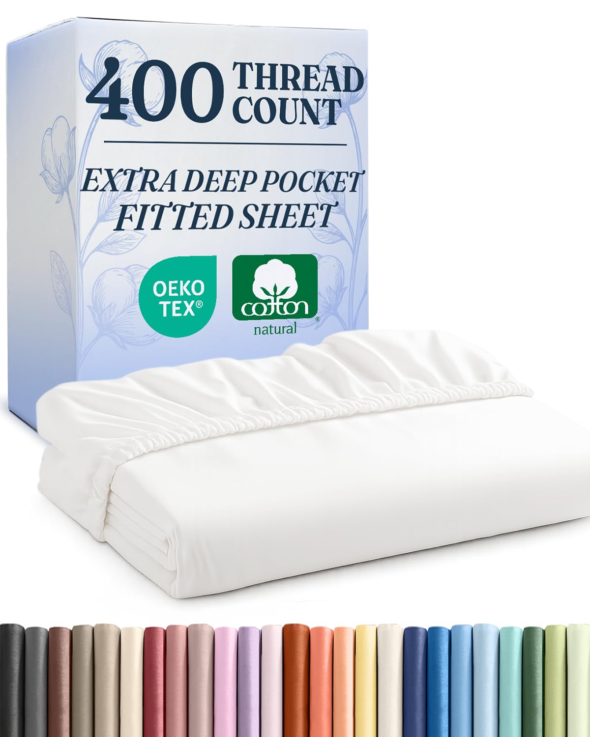 extra deep queen 400 thread count cotton fitted sheet - hotel luxury single fitted sheet only - easily fits 18" to 24" mattress - soft, wrinkle free, breathable and comfy - extra deep pockets - white