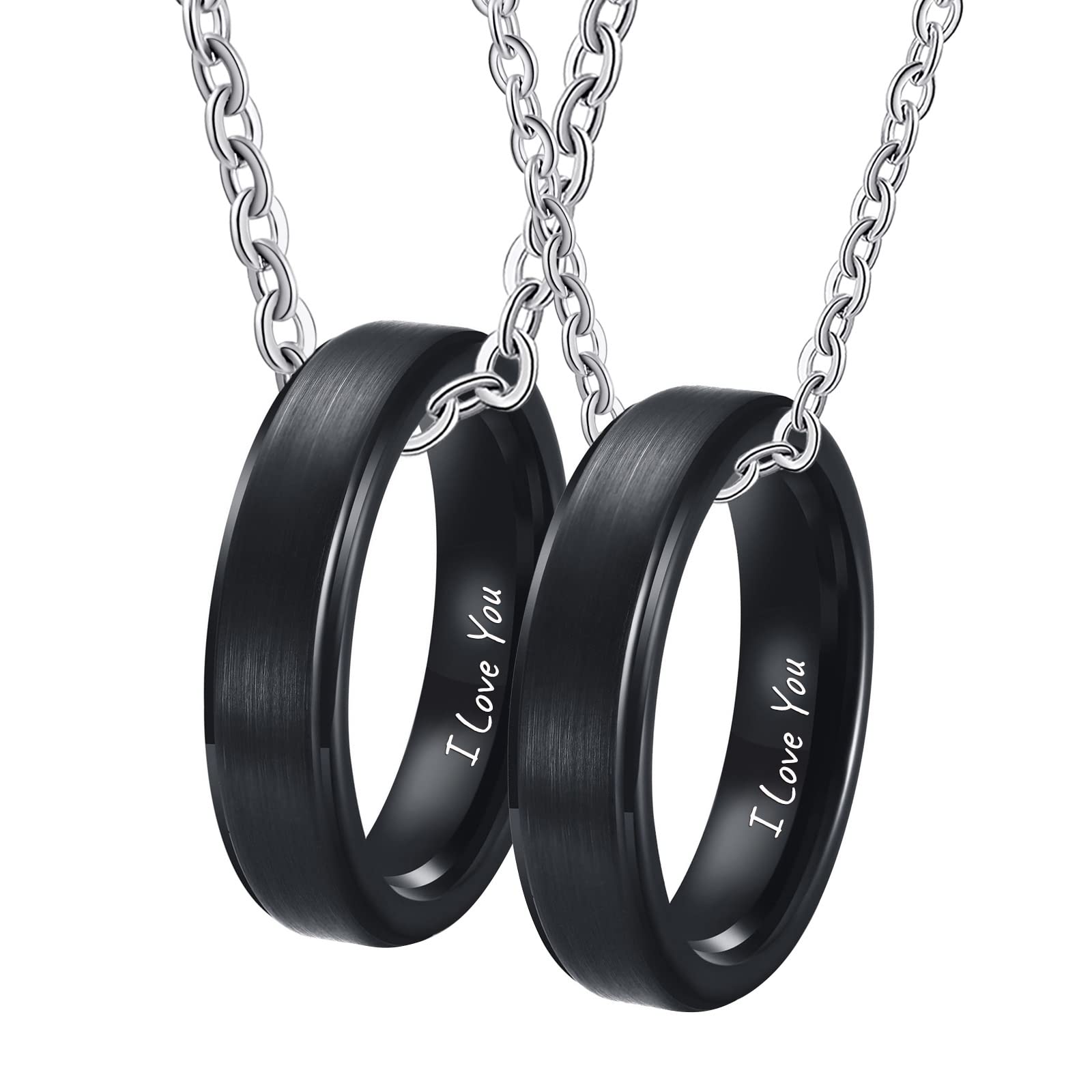 Collar personalizado para parejas, collar de promesa a juego, anillos de boda de tungsteno de 5 mm, collar negro cepillado, regalo personalizado para el día de San Valentín