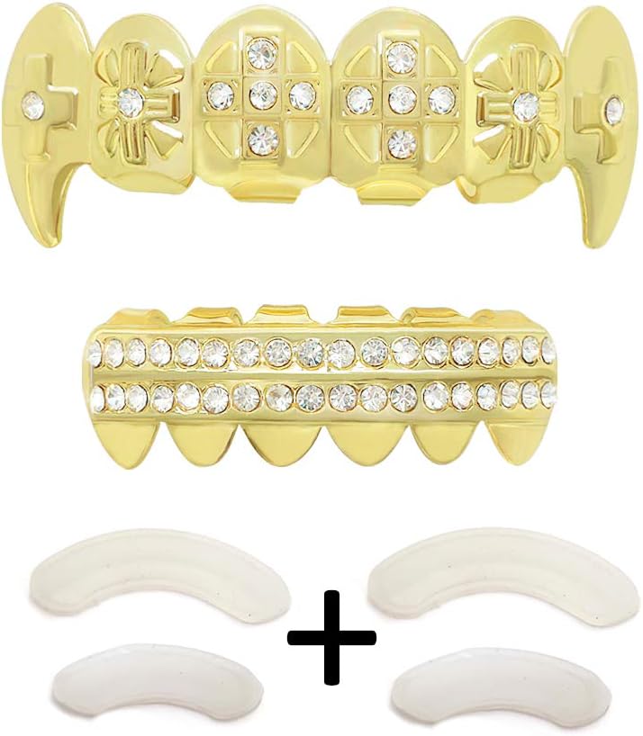 Gold Grillz Teeth Set CZ Diamonds Grillz 24k Plated Gold Top & Bottom Grill Hip Hop Bling Iced Out Grillz For Son + Extra Molding Bars + Microfiber Cloth