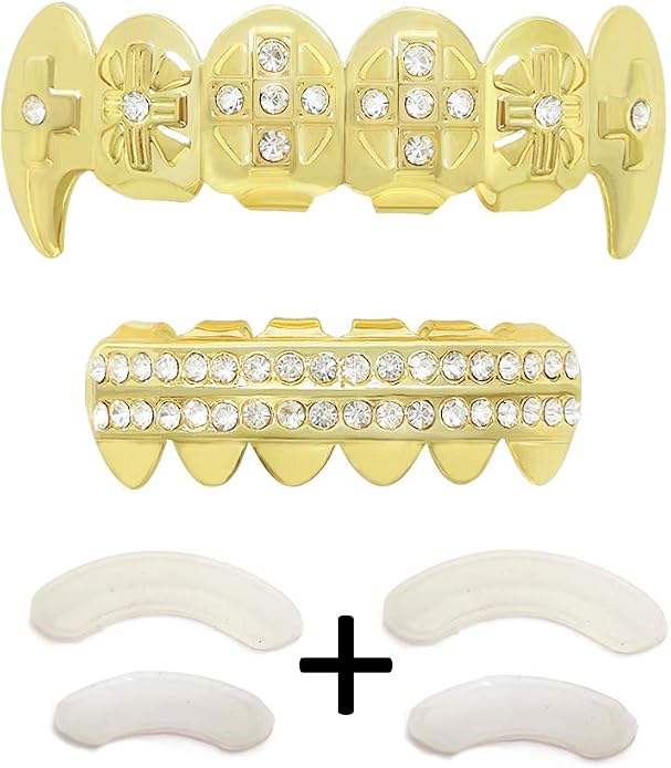 Gold Grillz teeth set CZ diamonds 24k gold plated miniatura 7