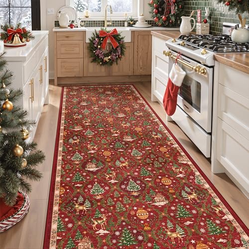 Madane Christmas Hallway Runner 3x8, Red Kitchen Rugs Washable Entryway Rug 8ft Vintage Kitchen Runners Non Slip Indoor Carpet Xmas Holiday Decor Runner for Bathroom Living Room Bedroom