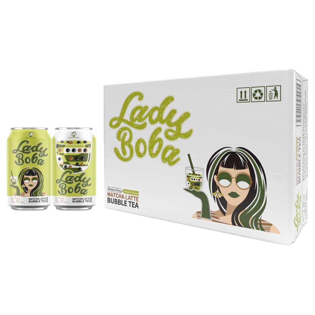 (Pack of 24) Lady Boba 24 Cans. Milk Bubble Tea with Boba Pearls in a Can (10.7oz/can) with Thank You Card. Choose One from Variety of Flavors: Classic, Brown Sugar, Taro, Matcha Latte. Ready To Drink Beverage. (Matcha)