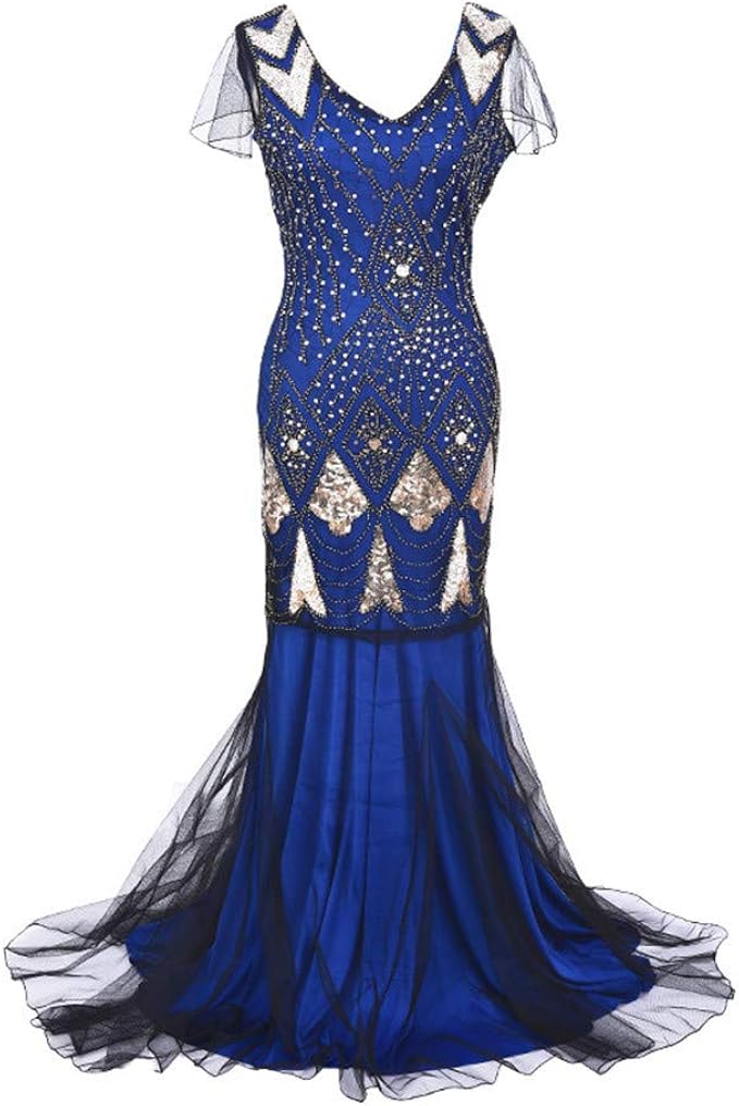 DISCOUNTL 1920s Flapper Dress Long Prom Gown Beaded Sequin Mermaid Hem Ball Evening Costume 