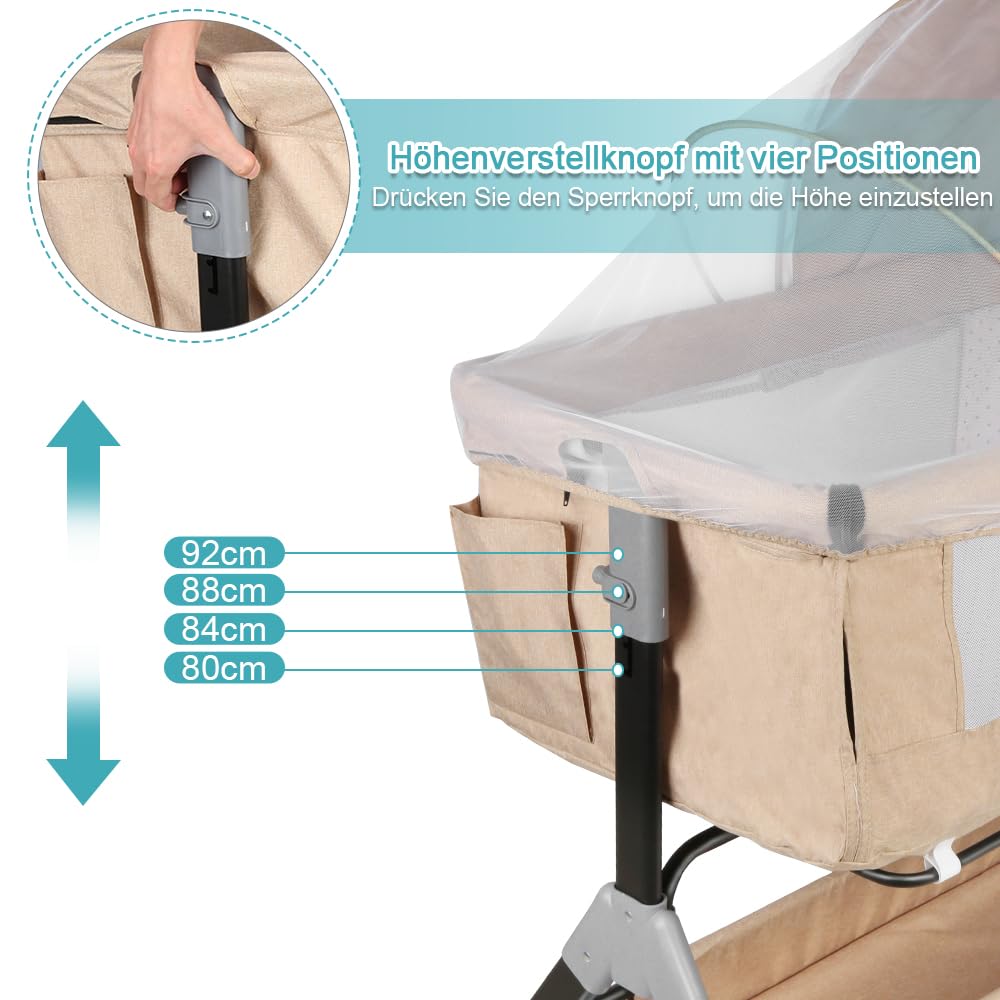 HUOLE lettino 3 in 1, lettino co-sleeping, dondolo, Culla da bambino con materasso, lato staccabile, altezza regolabile, finestra in rete, ruote e borsa da viaggio – 0-36 mesi, 25 kg-bianco sporco