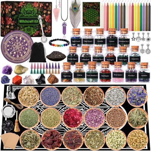 ZZXLOPEZ Kit de bruxaria, suprimentos de bruxaria kit de bruxaria, kit de velas coloridas e flores secas, suprimentos de oração, feitiços, magia, presente para mulher presentes originais