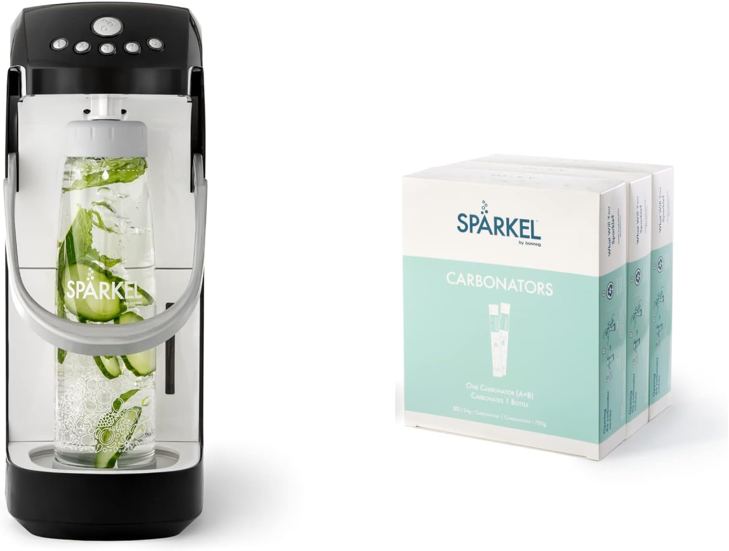 Spärkel System (Black) + Carbonator 90-Pack Bundle - Make 100 Drinks with this Sparkling Water and Soda Maker - Use Fresh & Natural Ingredients - No CO2 Tank Needed