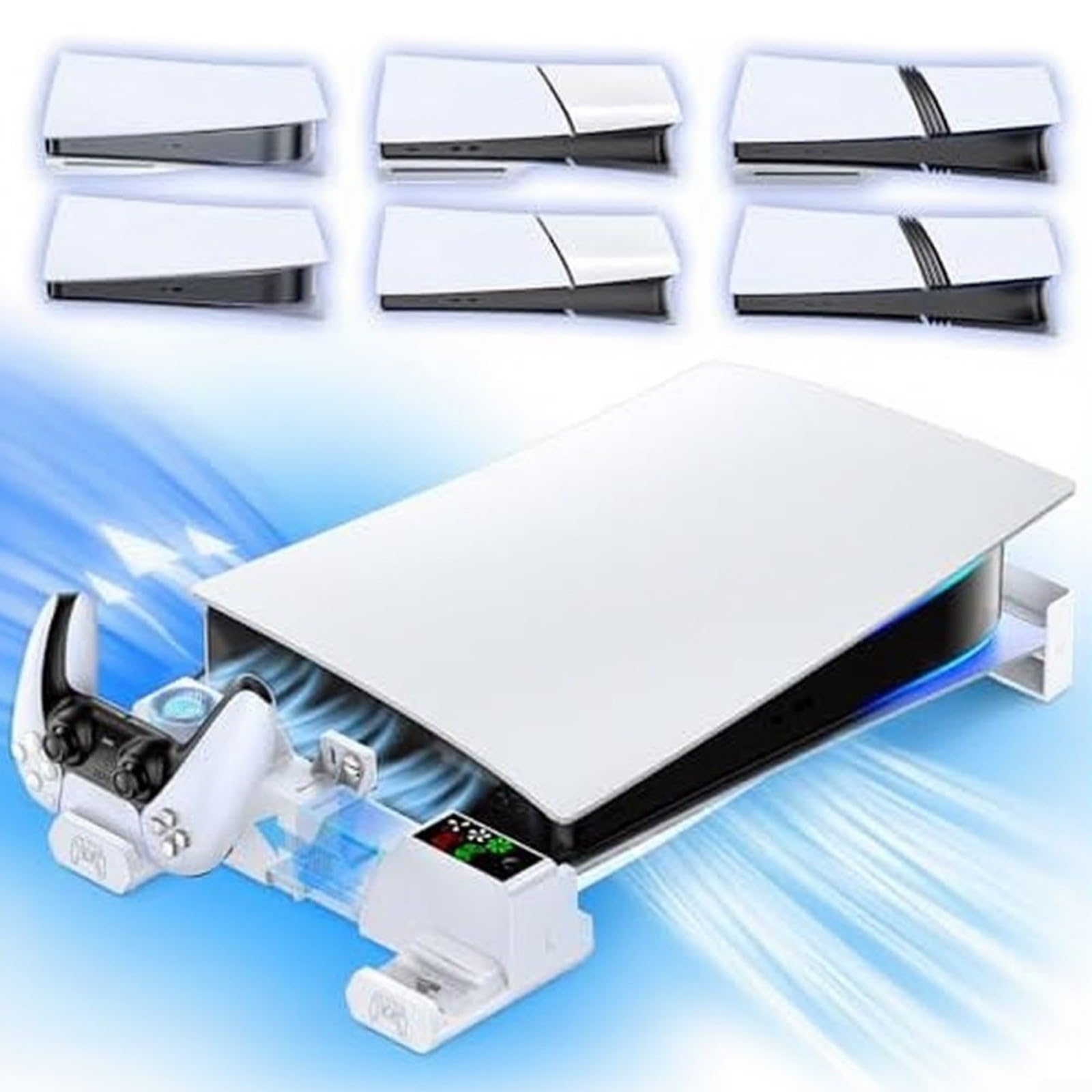 Stazione di ricarica per PS5 Pro e PS5 Slim Controller con 3 livelli di raffreddamento, protezione da tensione V5, supporto verticale per ricarica e raffreddamento, bianco