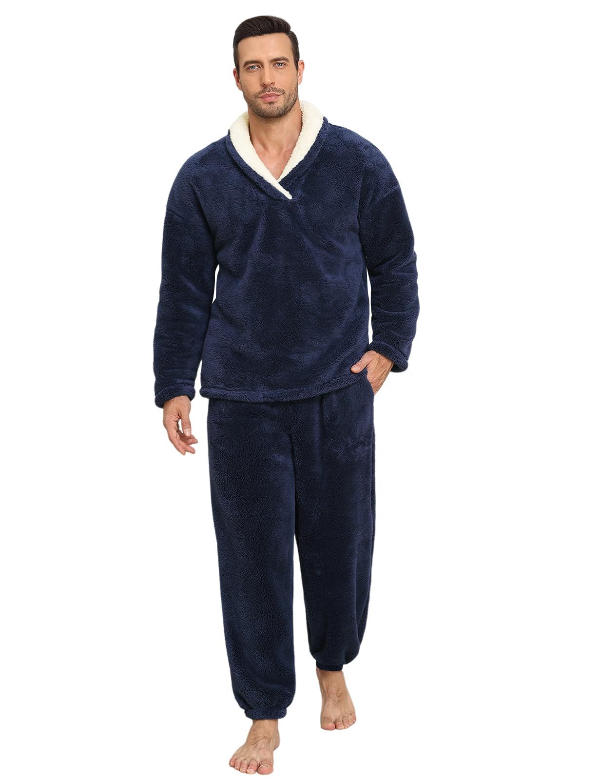 Uikue Mens Pajamas Set Long Sleeve Soft Fleece Fluffy Sleepwear Winter Warm Pjs Lounge Sets Flannel Sleepwear with Pockets