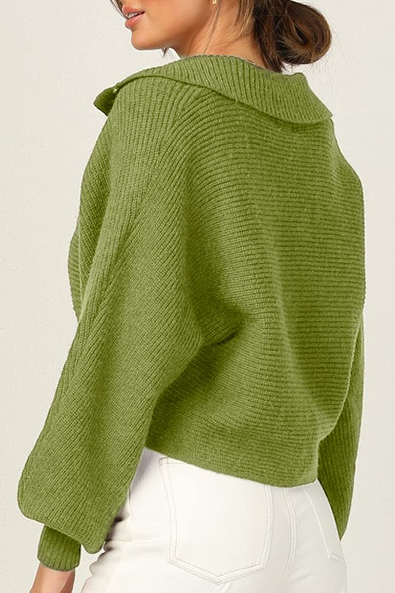 CHYRII Women Overized Puff Long Sleeve V Neck Knitted Polo Pullover Sweater Jumper Tops