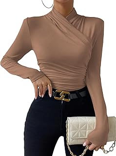 Women's Ruched Mock Neck Long Sleeve T Shirt Solid Slim Fitted Tee Tops