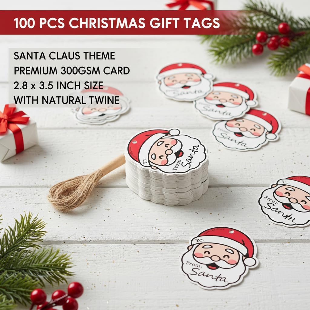 100 Pcs Cute Christmas Gift Tags - Cartoon Santa Claus Style Xmas Craft Labels with Rope for DIY Holiday Presents, Party Decorations - Image 2