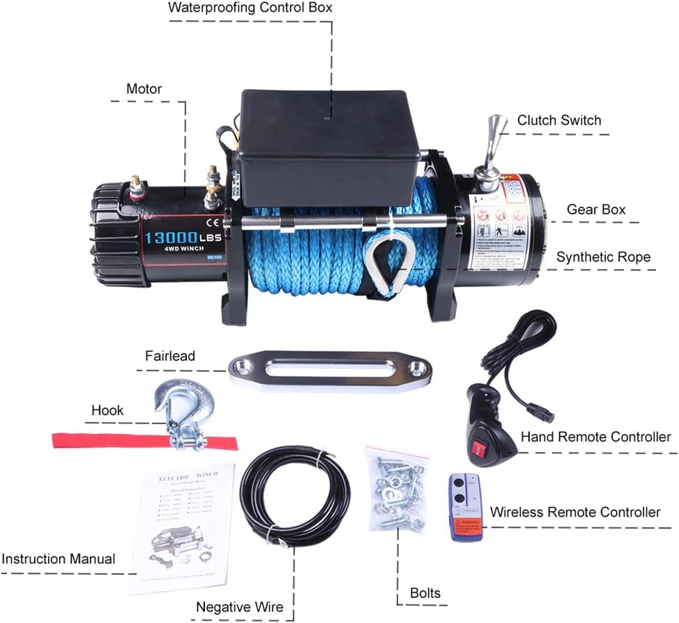 Electric Winch 12V 13000 lbs Recovery Winch Trailer Boat Truck SUV ATV Synthetic Rope with Wireless Remote Control and Winch Cover