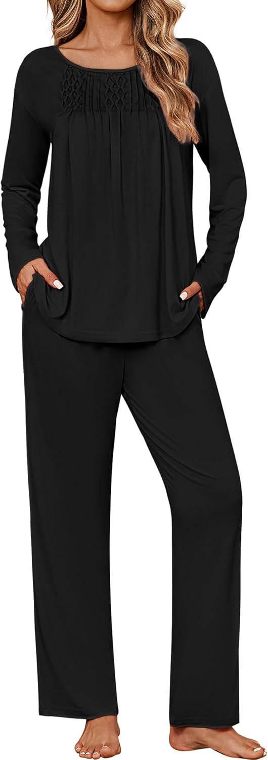 Ekouaer Womens Pajama Sets Fall Long Sleeve Pajamas for Women Trendy Pleated Pjs Sets Comfy 2 Piece Lounge Set with Pockets