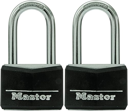 Master Lock Candado de aluminio cubierto de vinilo negro con llave, cerradura igual con llave para cajas de herramientas, armarios de gimnasio o