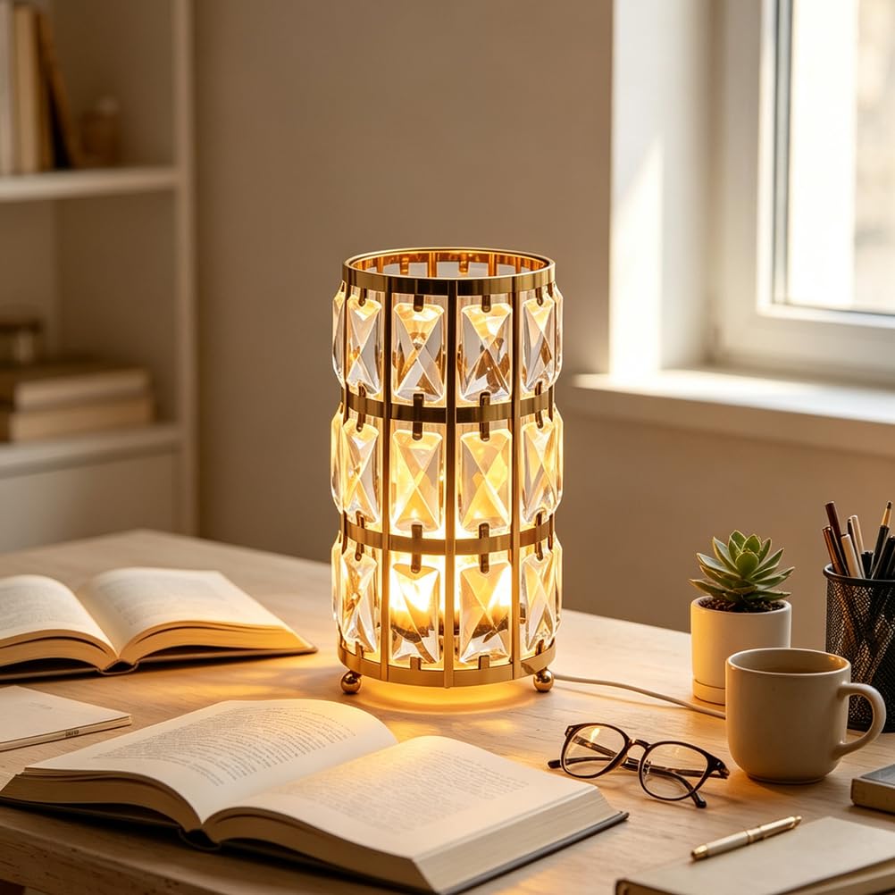 Kryształowa lampa stołowa, złota lampa LED z regulacją jasności, z przełącznikiem i kablem, 3 temperatury barwowe lampa na stolik nocny, kryształowa lampa dekoracyjna, lampka nocna do sypialni, salonu