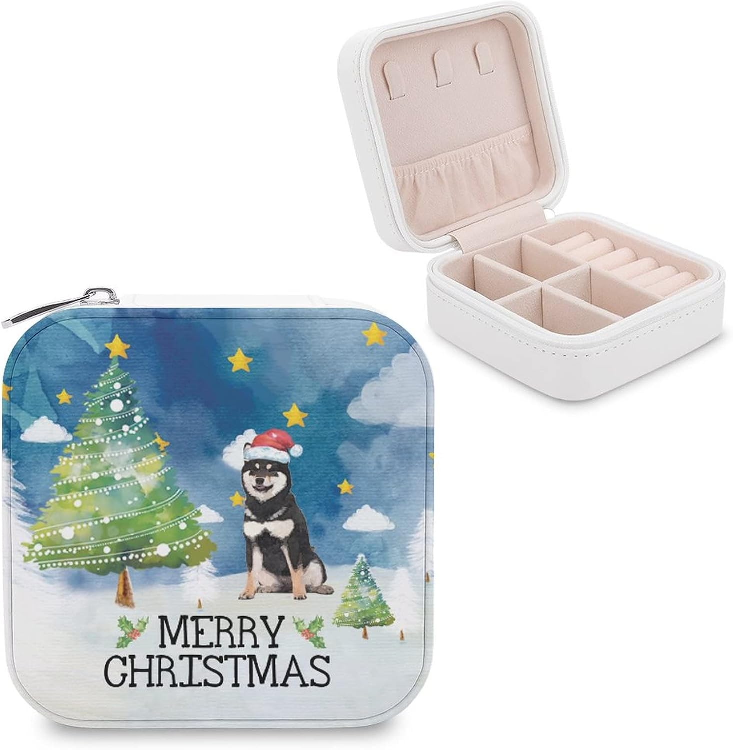 Merry Christmas Dog Pet Finnish Lapphund Small Travel Jewelry Box Organizer Display Storage Case for Rings Earrings Necklace Xmas Holiday Gifts for Woman Girlfriend Bestie