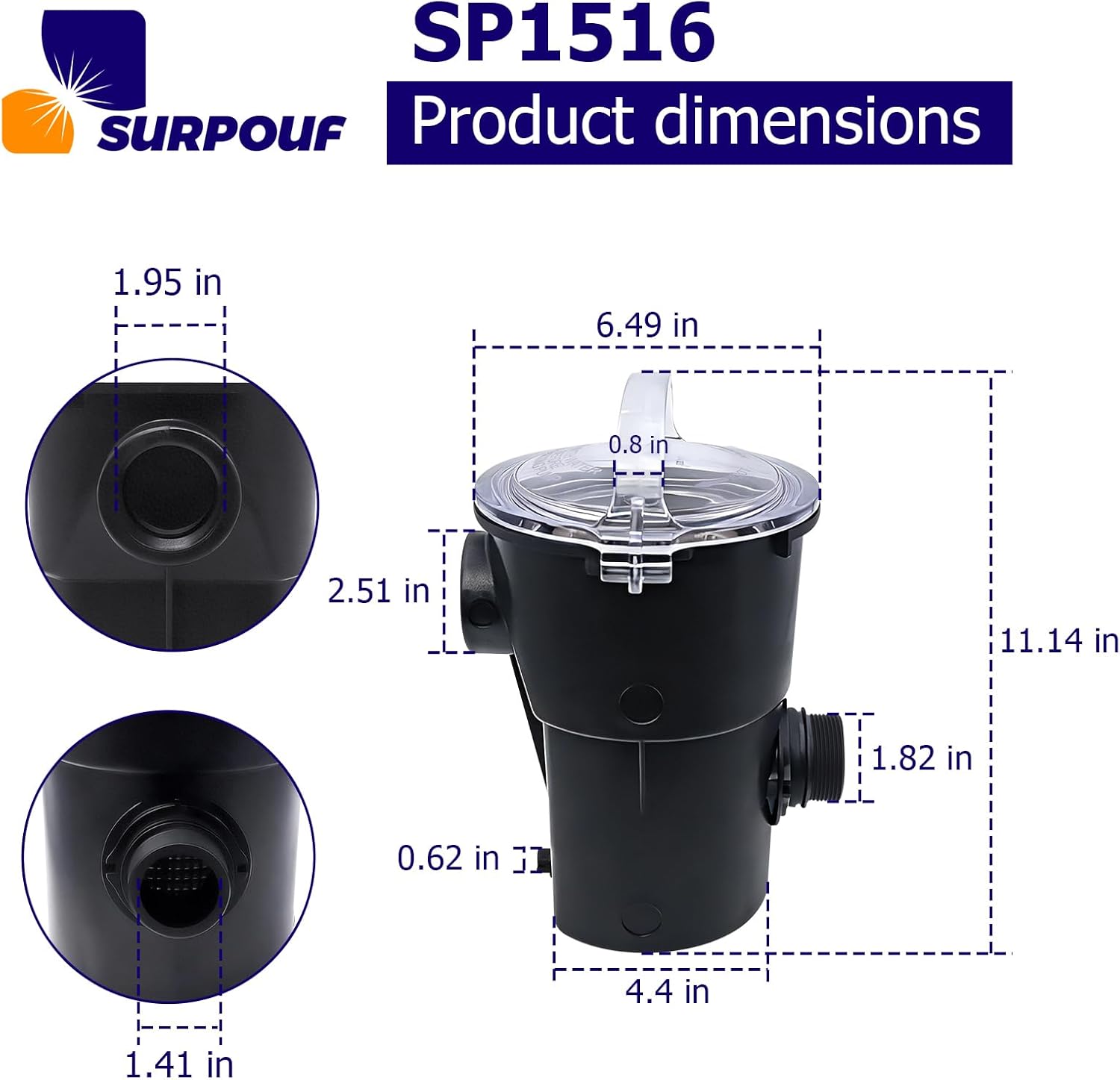 SP1516 Pool Pump Strainer Housing w/Basket Lid O-Ring Assembly Compatible with Hayward Power-Flo LX II VS300 Pool Pumps 1-1/2" FIP Inlet 1.5" MIP Outlet Pool Pump Strainer Housing