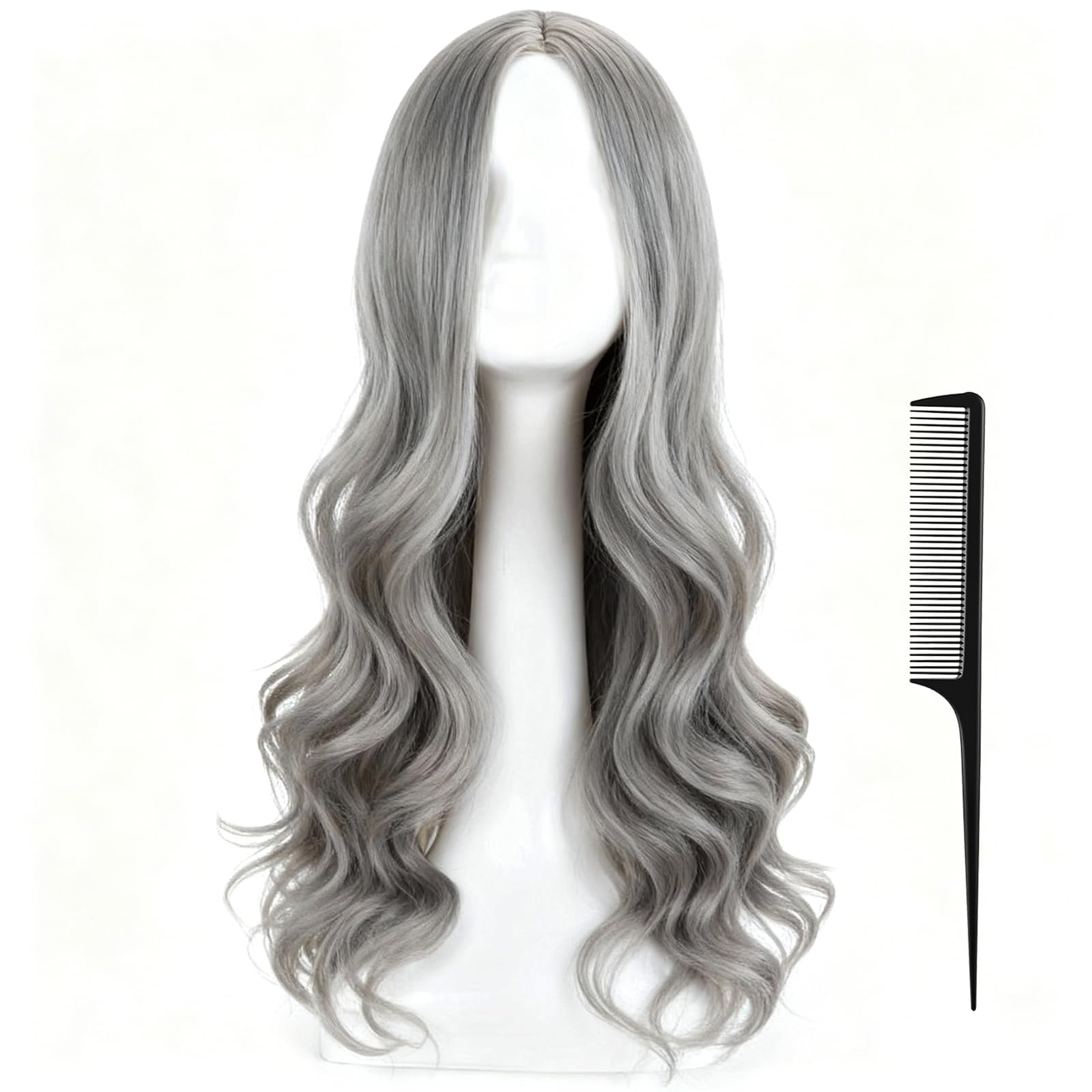 Parrucca Grigia Donna 70cm Lunga Riccia Resistente al Calore Stile Cosplay parrucca grigia con Riga Centrale e Onda Naturale Con Pettine a Coda Nero 701 per Feste Quotidiane