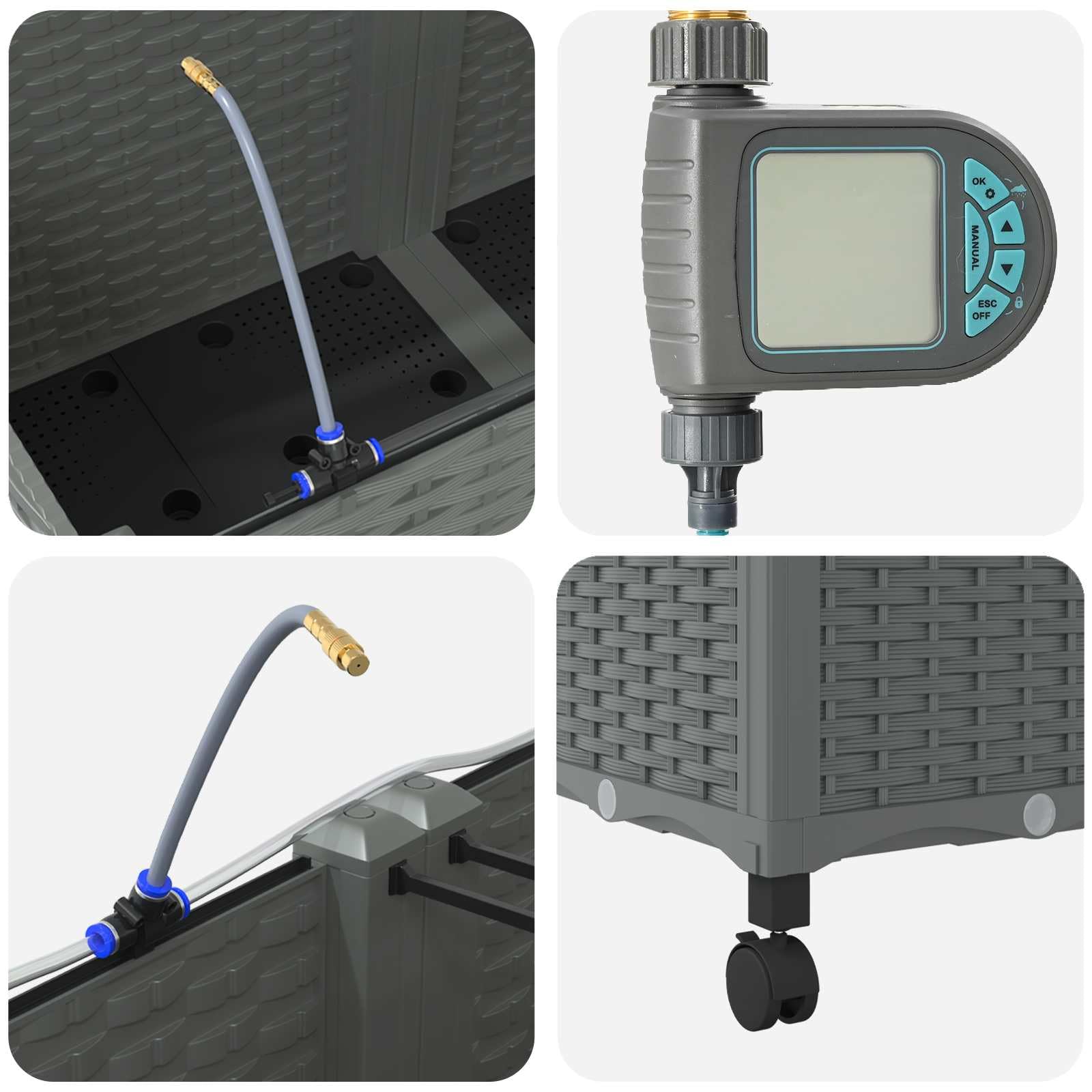 Set di 4 fioriere da giardino con ruote e irrigazione, grigio chiaro | Set di aiuole mobili per giardino e terrazza con sistema di irrigazione automatico e robuste fioriere in polipropilene.