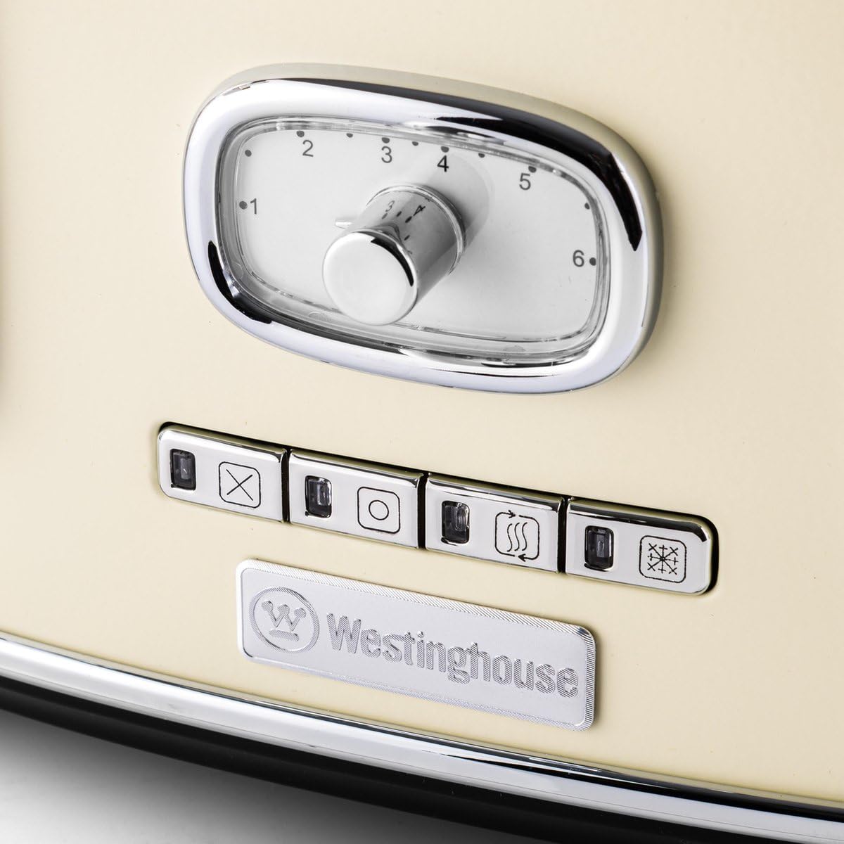 Westinghouse Retro toster z 4 kromkami, zdejmowana końcówka, 6 poziomów opalania, centrowanie chleba, funkcja rozmrażania, podgrzewanie i wyłączanie, kontrolka, biała rozszerzalna miska