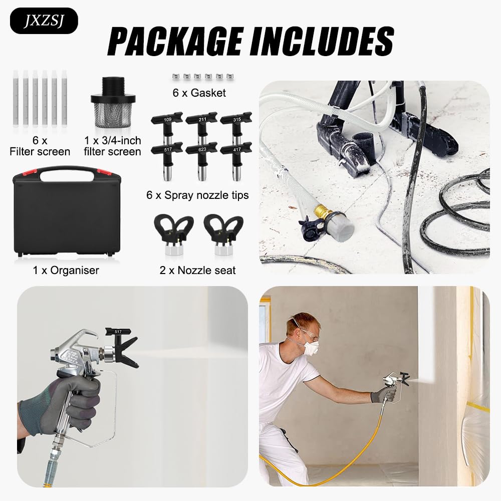 Juego de 14 puntas de pulverización de pintura sin aire, 6 puntas de pulverización sin aire, 2 protectores de punta, 6 filtros de pistola de pintura sin aire, colador de succión de entrada 288716 y